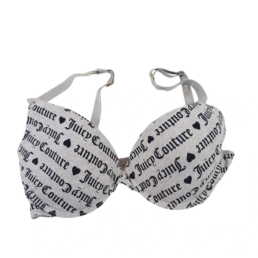 Juicy Couture Bra 34C Gray Heart Print Logo Adjustable Everyday‎ Comfort
